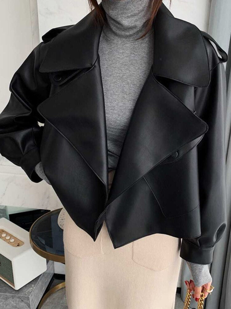 Women Pu Motorcycle Biker Faux Leather Jacket Turndown Collar Loose Punk Outerwear - MERGE.DAY.1.FREESTYLE