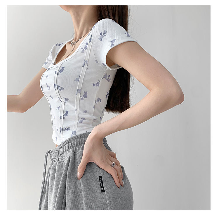 Summer Floral Cropped Top Women Slim Square Neck Short Sleeve White T-shirts Female - MERGE.DAY.1.FREESTYLE