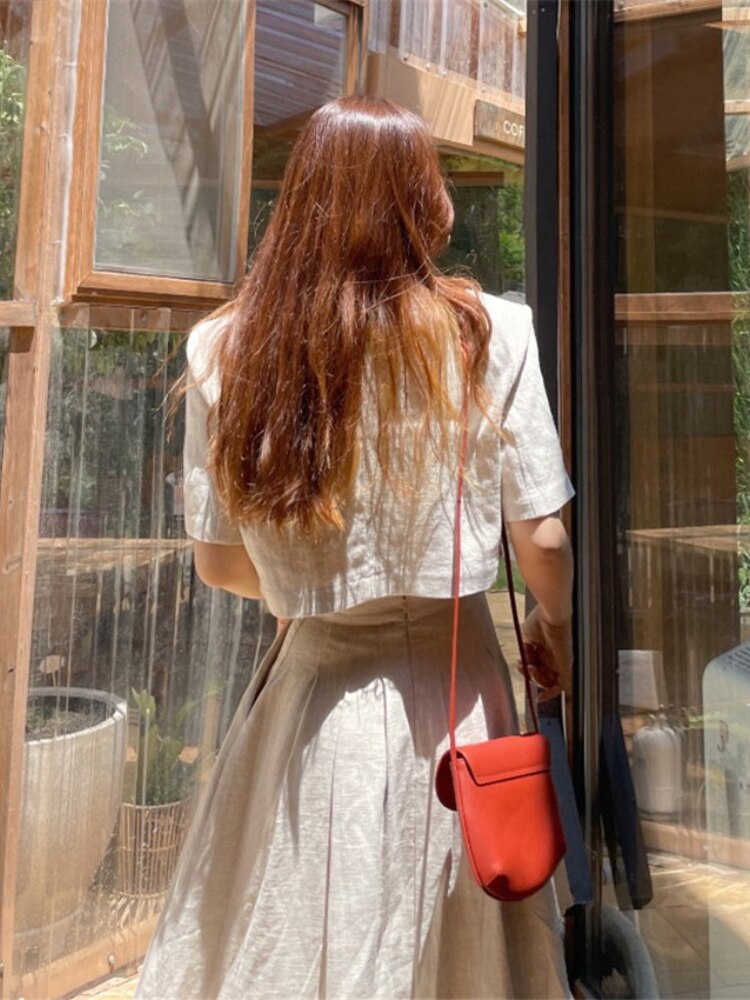 Cotton Linen Skirt 2 Two Piece Sets Outfits Female Short Sleeve Blazer Suits with High Waist - MERGE.DAY.1.FREESTYLE