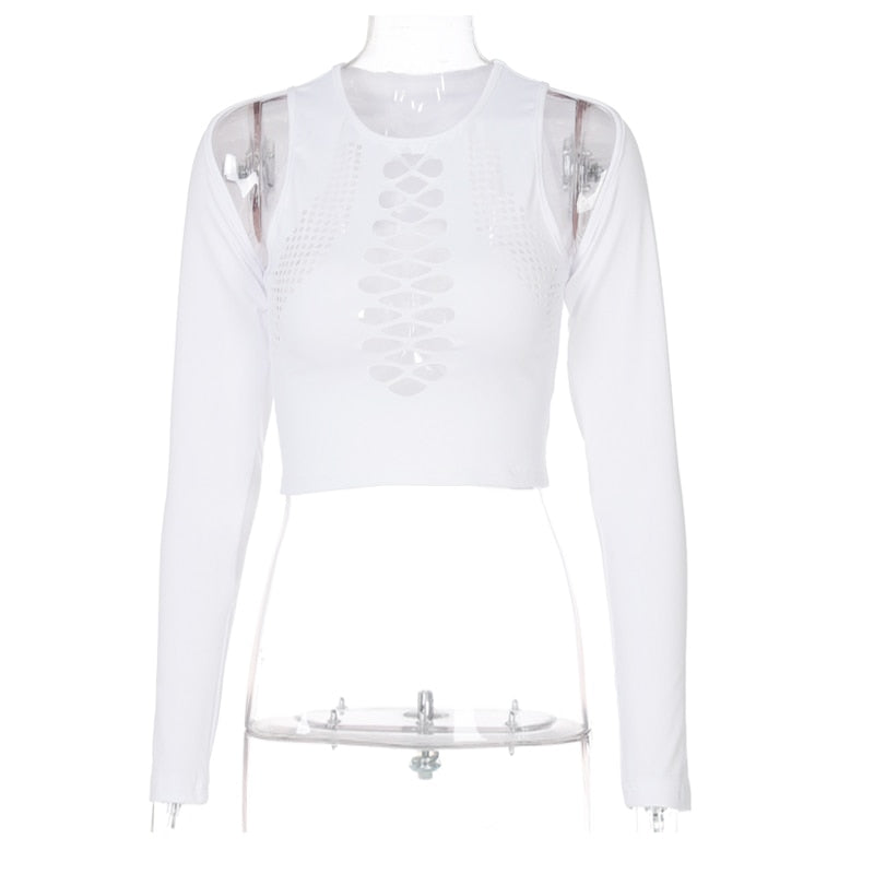 Long Sleeves Solid Hollow Out Bandage Sexy Tube Crop Top Summer Autumn Women - MERGE.DAY.1.FREESTYLE