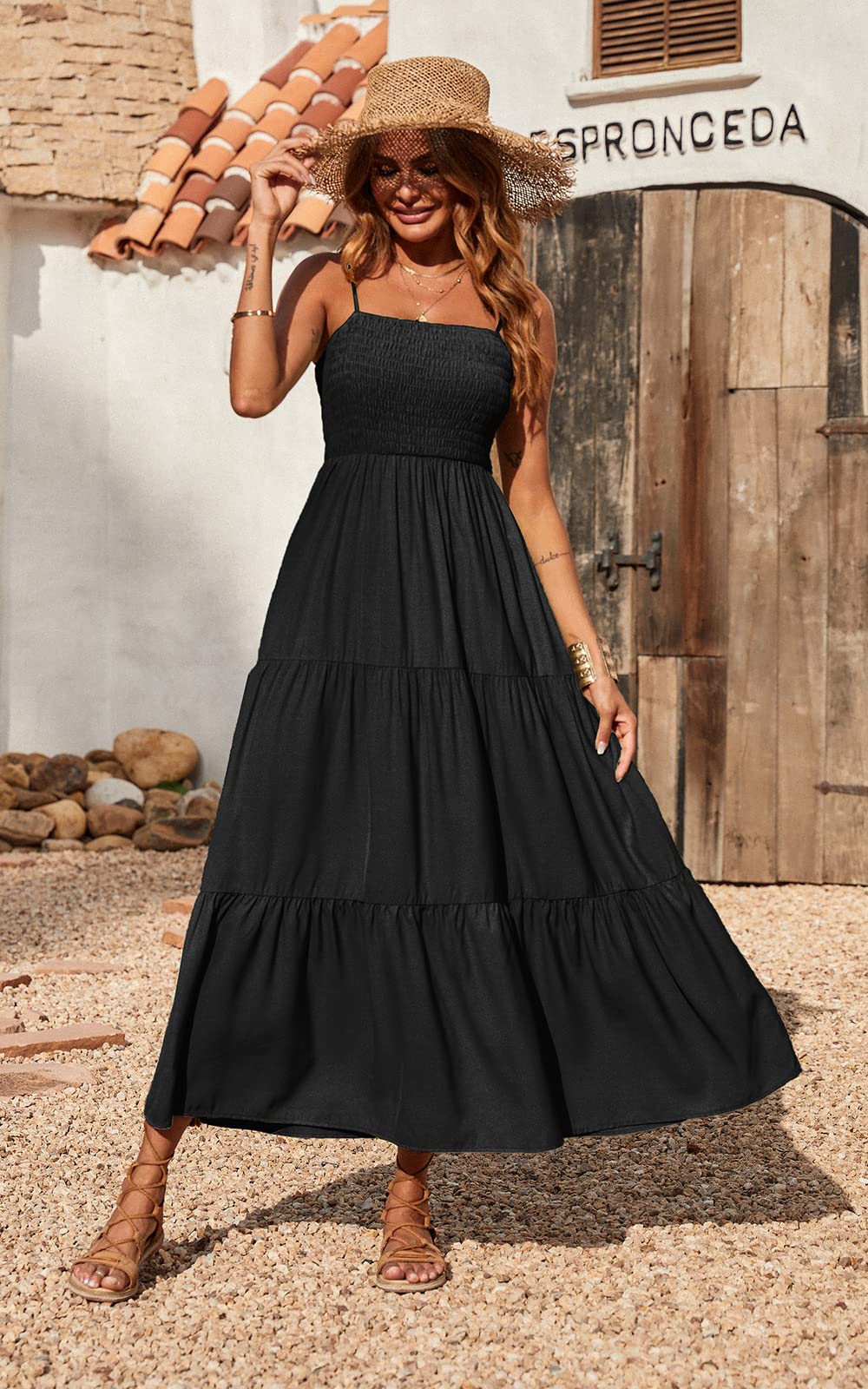 Spaghetti Strap Maxi Dress Women Summer Sleeveless Smocked Boho Long Beach Dress Sundresses - MERGE.DAY.1.FREESTYLE