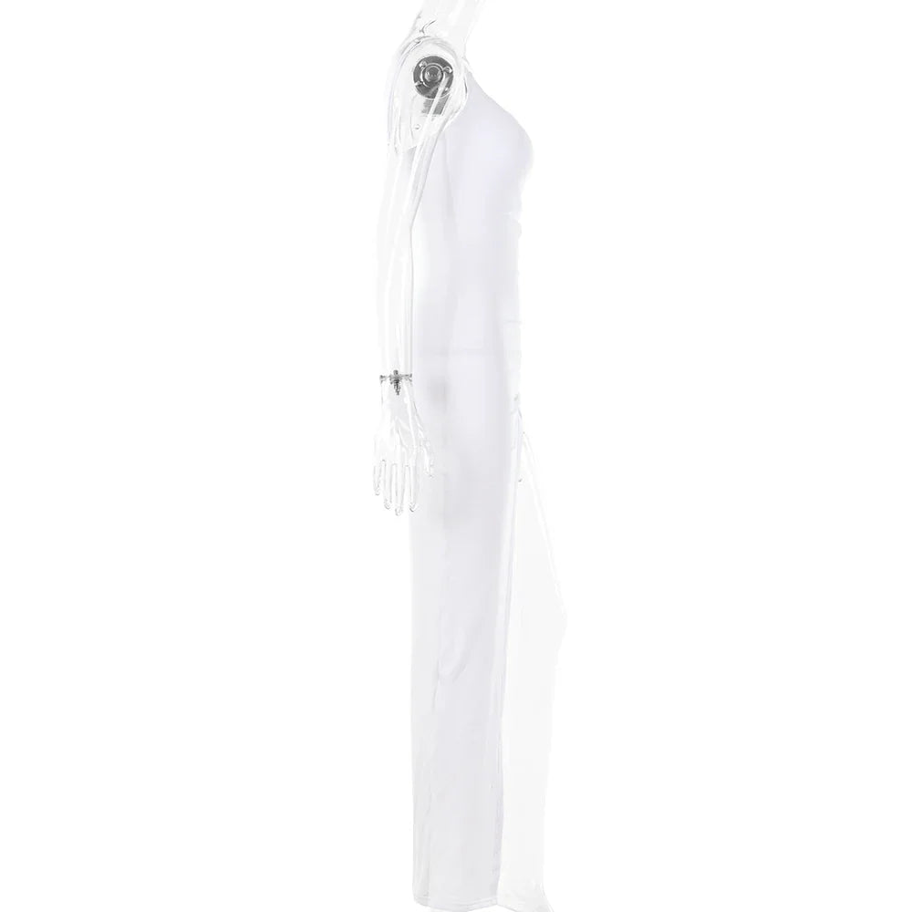 Drawstring High Slit Shoulder Slim Elastic Maxi Bodycon Dress - MERGE.DAY.1.FREESTYLE