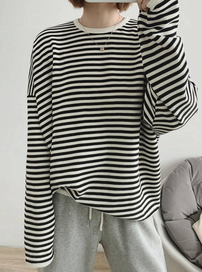 Striped Pullovers Women Knitted Cotton Sweatshirts Female Long-sleeved Loose Tops - MERGE.DAY.1.FREESTYLE