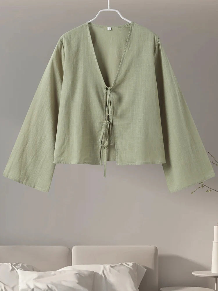 Cotton Linen Lace Up Bow Shirts Women Loose Hollow Out V Neck Long Sleeve Tops - MERGE.DAY.1.FREESTYLE