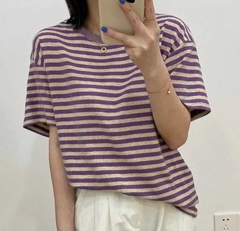 Casual O-neck Women Striped T-shirts Spring Summer Short Sleeve Loose Female Tops - MERGE.DAY.1.FREESTYLE
