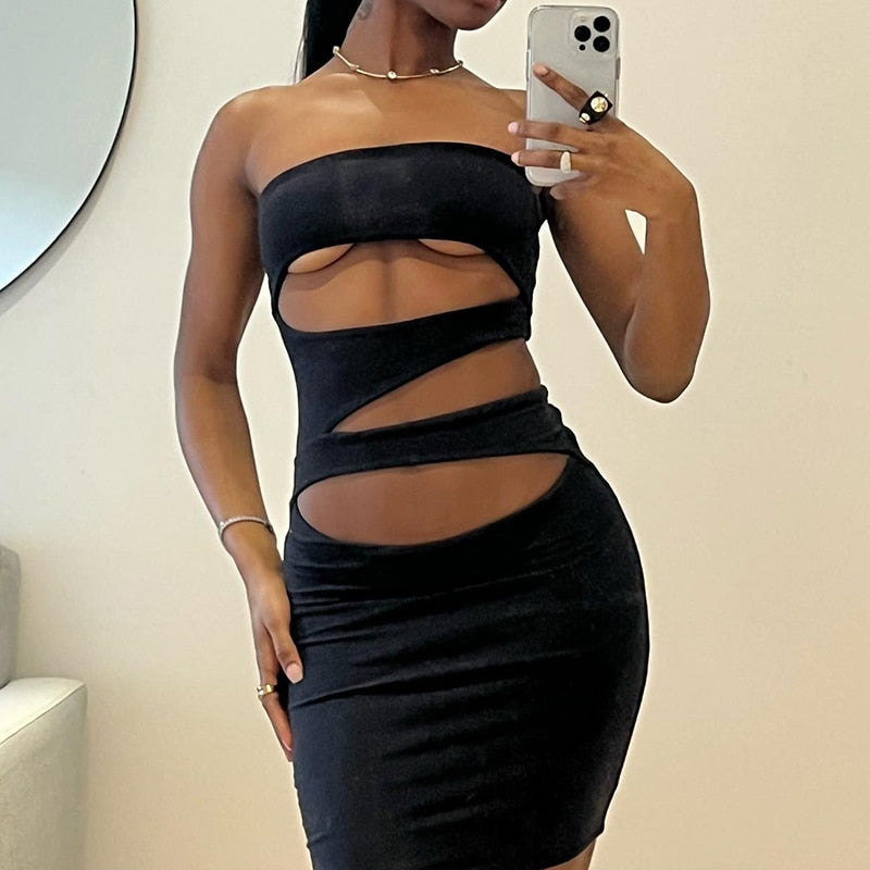 Off Shoulder Strapless Solid Hollow Out Mini Prom Dress Sexy Skinny - MERGE.DAY.1.FREESTYLE