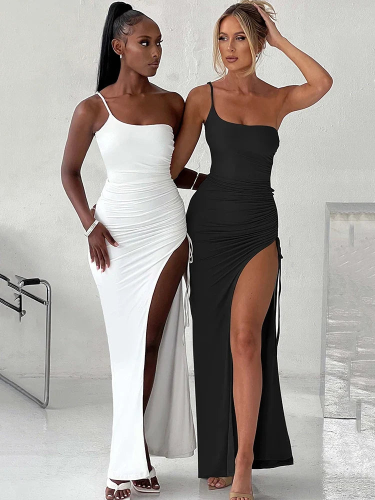Drawstring High Slit Shoulder Slim Elastic Maxi Bodycon Dress - MERGE.DAY.1.FREESTYLE