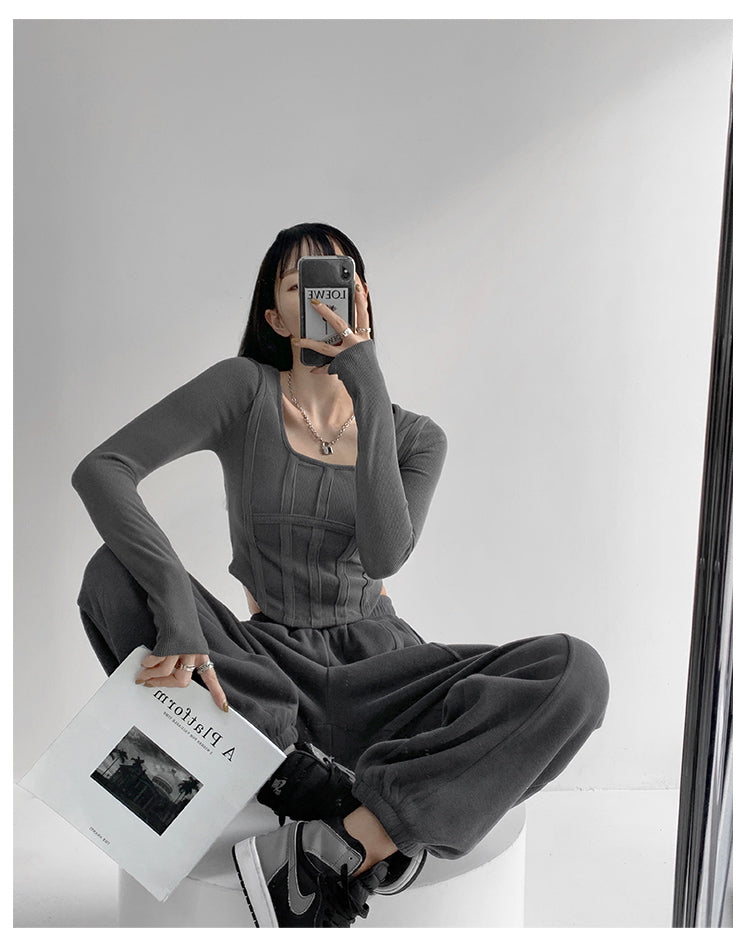 Fishbone Pattern Women's Long Sleeve T-shirt High Waist Slim Square Collar Tops Woman - MERGE.DAY.1.FREESTYLE