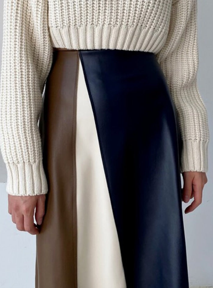Patchwork Irregular PU Leather Skirts Women Elastic High Waist Female A-line Skirts - MERGE.DAY.1.FREESTYLE