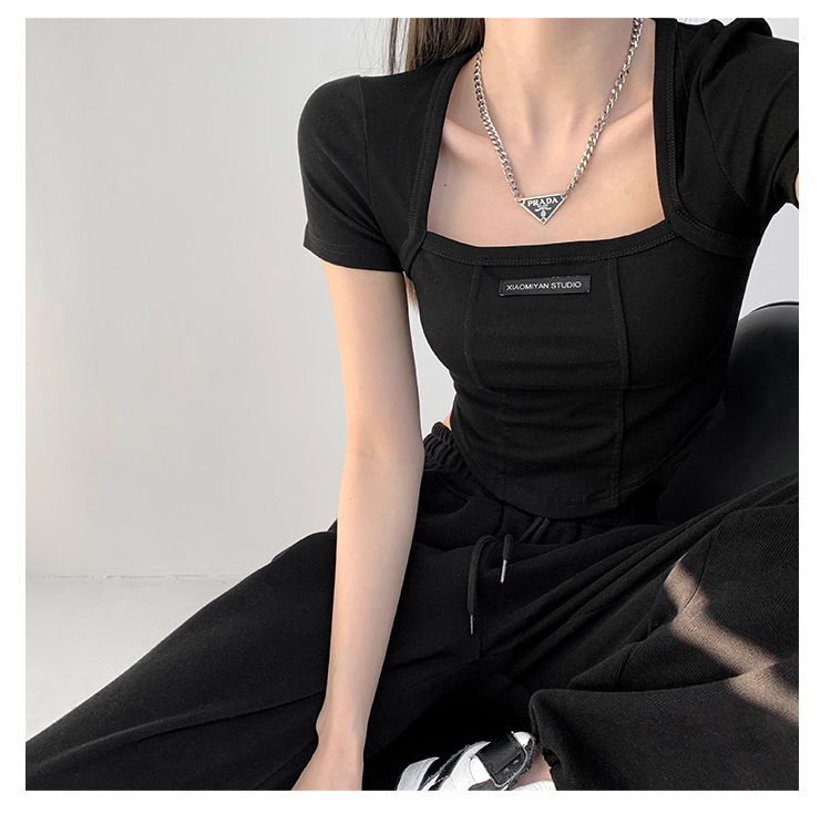 Curved Crop Tops Women Summer Square Collar Short Sleeve T-Shirt Fashion Slim Woman - MERGE.DAY.1.FREESTYLE