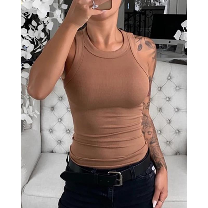 Women Solid Round Neck Ribbed Tank Top Camisole Women Summer Basic Elastic Tank Top - MERGE.DAY.1.FREESTYLE