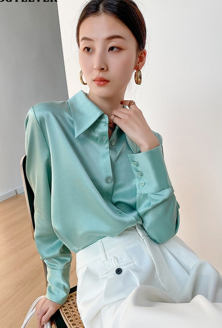 Turn-down Collar Solid Blouses Women Full Sleeve Loose Single-breasted Satin Shirts - MERGE.DAY.1.FREESTYLE