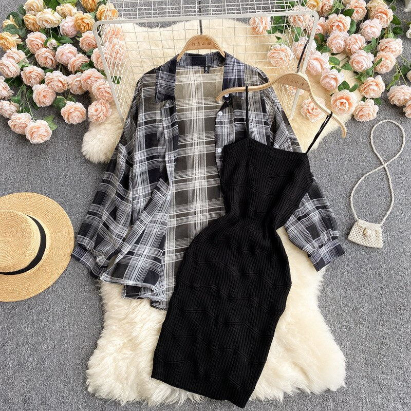 Summer Women Two Piece Set Plaid Long Sleeve Sunscreen Shirt+A-line Knitting Slip Dress - MERGE.DAY.1.FREESTYLE