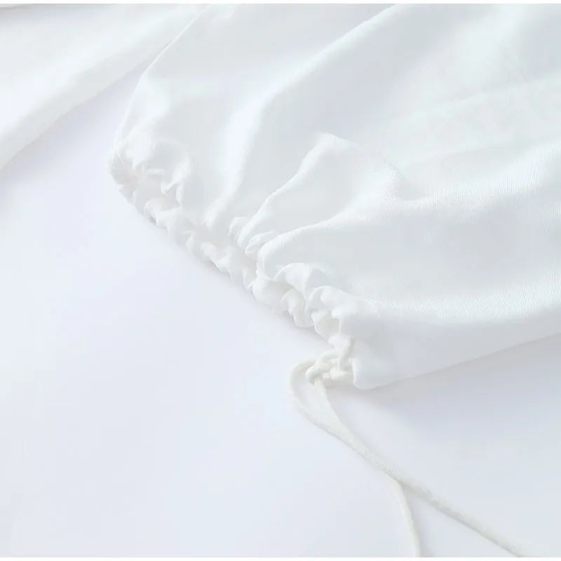 Women's Solid Cotton Linen Ruffle Shorts Suit V-neck Long Sleeve Drawstring Loose 2 Pieces Set - MERGE.DAY.1.FREESTYLE