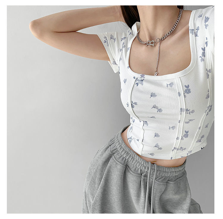 Summer Floral Cropped Top Women Slim Square Neck Short Sleeve White T-shirts Female - MERGE.DAY.1.FREESTYLE