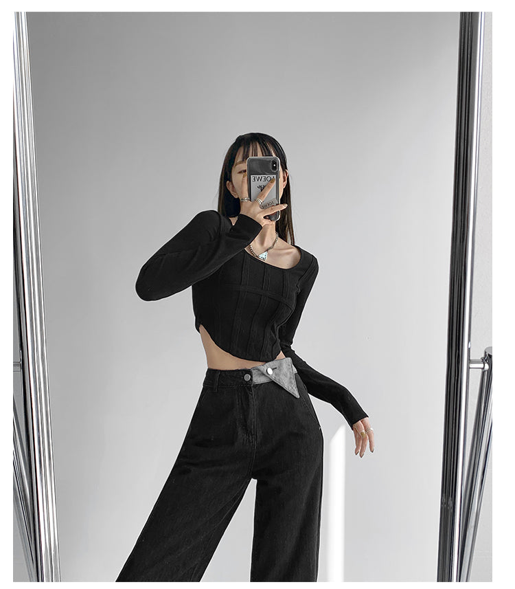 Fishbone Pattern Women's Long Sleeve T-shirt High Waist Slim Square Collar Tops Woman - MERGE.DAY.1.FREESTYLE