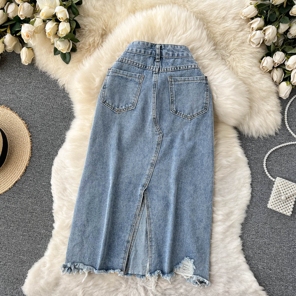 Beading Split Denim Skirts Women High Waist A-line Irregular Jeans Skirts - MERGE.DAY.1.FREESTYLE