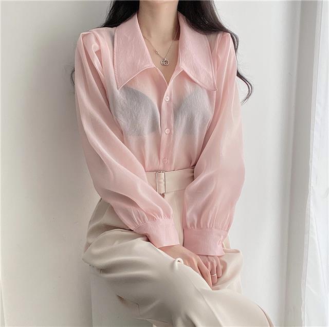 See Through Button Down Shirts Women New Loose Long Sleeve Blouse Female 2022 Summer Suncreen Tops - MERGE.DAY.1.FREESTYLE