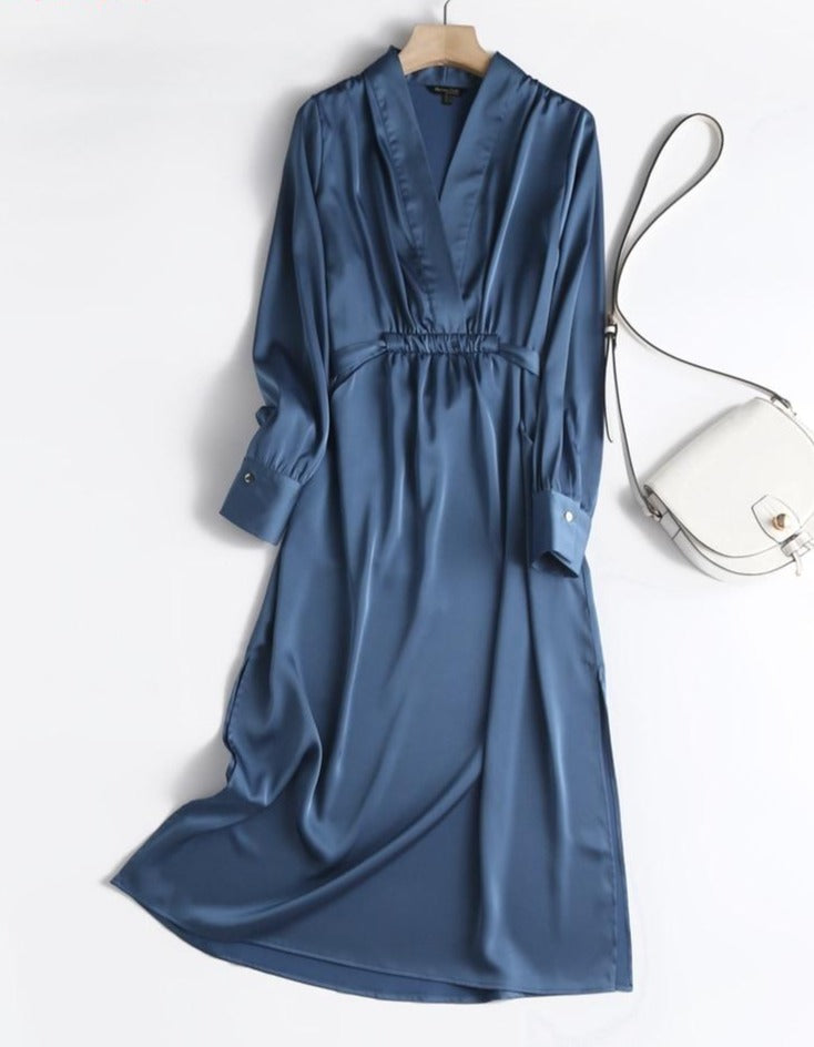 Autumn Fashion Women Elegant Satin Dress Long Sleeve Office Ladies Midi Dress - MERGE.DAY.1.FREESTYLE