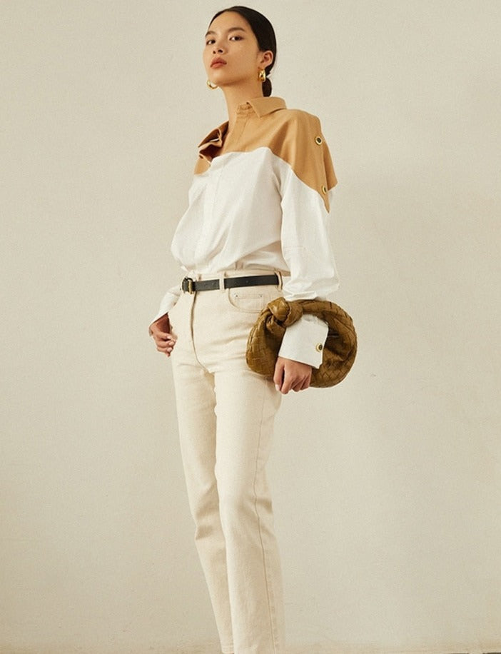 Patchwork Lapel Women Shirts Long Sleeve Single-breasted Loose Female Blouses - MERGE.DAY.1.FREESTYLE