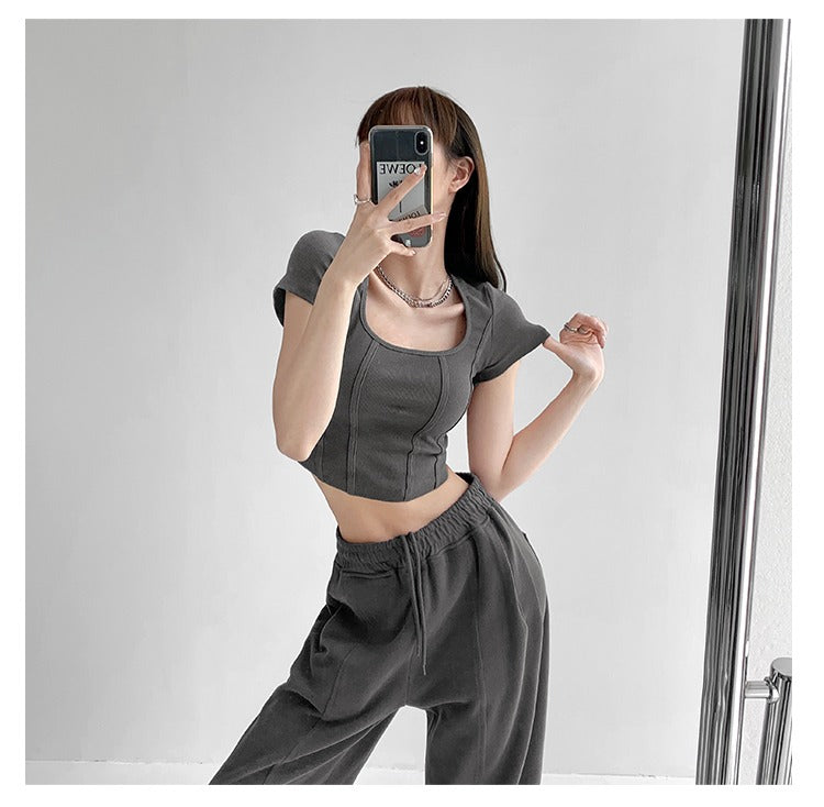 Vintaege Y2K Tops Women Summer Square Collar Short Sleeve T-shirt Fishbone Line Slim Crop - MERGE.DAY.1.FREESTYLE