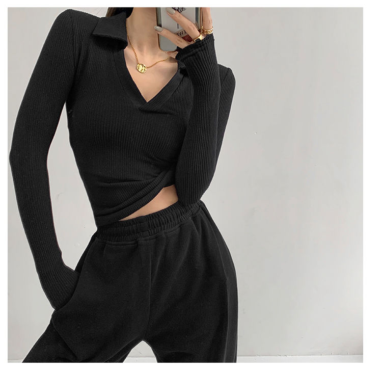 Sexy V-Neck Slim Fitness Women's T-Shirt Long Sleeve Polo Shirt Woman High Waist Cropped Tops - MERGE.DAY.1.FREESTYLE