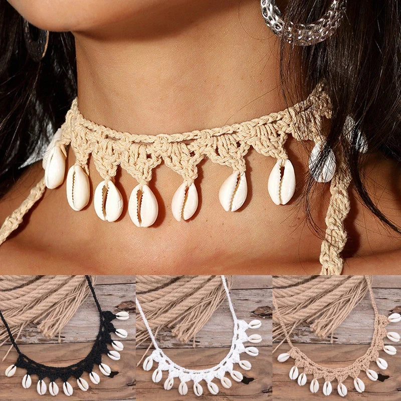 Shell Choker Necklace Natural Sea Cowrie Shell Rope Chain Choker Necklace - MERGE.DAY.1.FREESTYLE