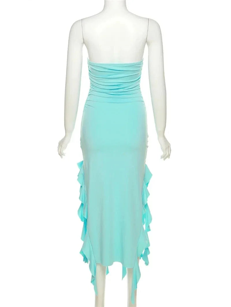 Elegant Strapless Dress Women Irregular Tassel Skinny Split Maxi Bodycon - MERGE.DAY.1.FREESTYLE