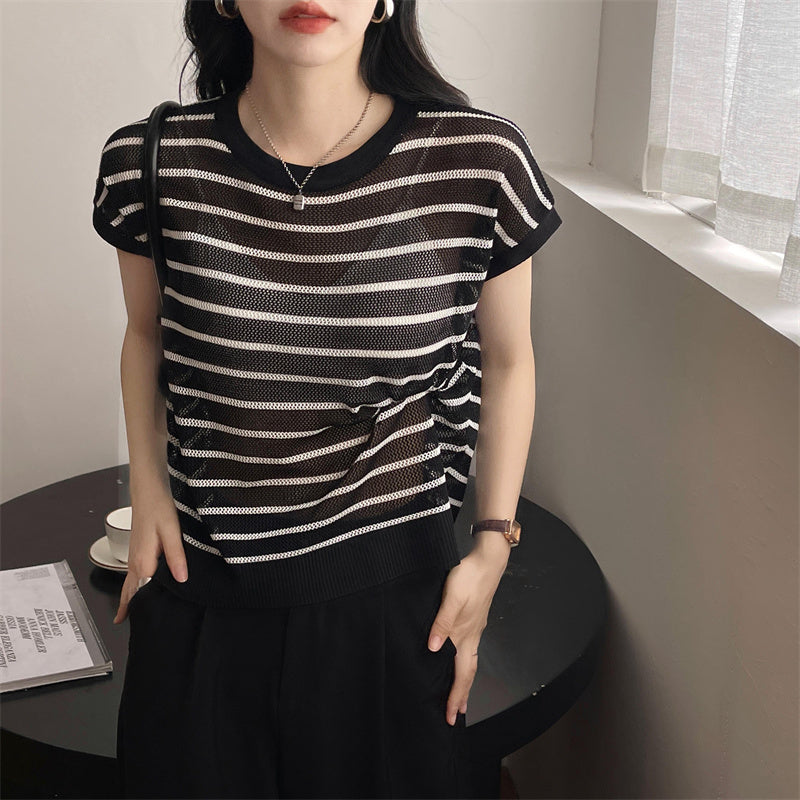 Hollow T-shirt Chain Women Summer New Solid Color Short Sleeve Knitted Tops Female 2022 - MERGE.DAY.1.FREESTYLE