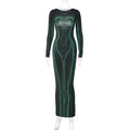 Striped Print Long Sleeve See Through Sexy Bodycon Maxi Dress - MERGE.DAY.1.FREESTYLE