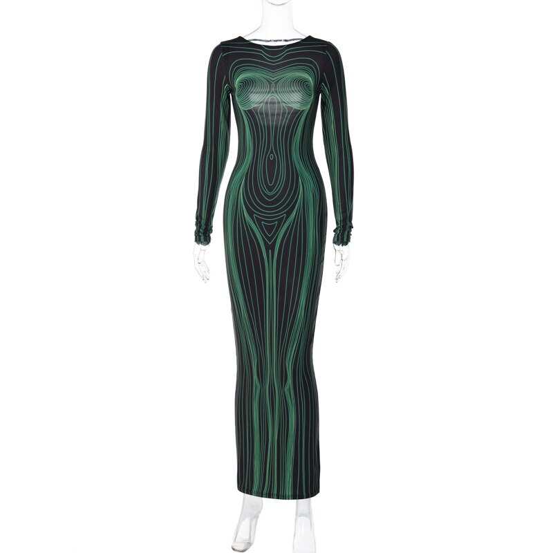 Striped Print Long Sleeve See Through Sexy Bodycon Maxi Dress - MERGE.DAY.1.FREESTYLE