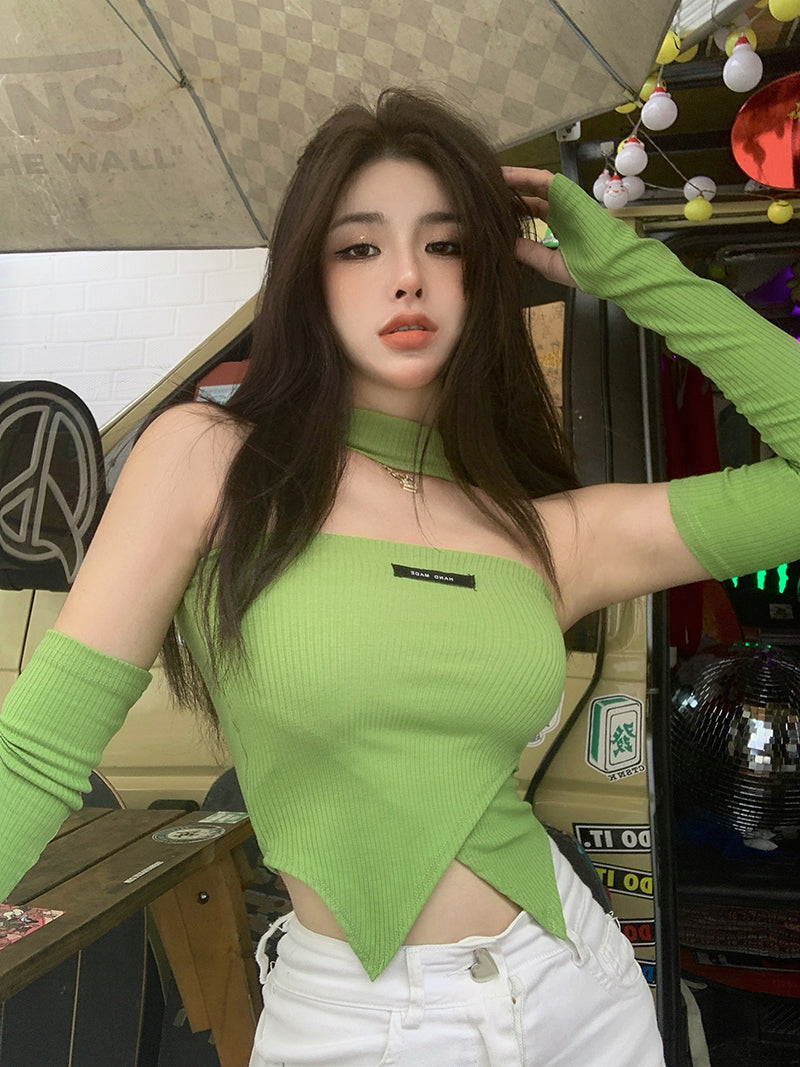 Green Halter Sleeveless T-shirts Women Sexy Slim Irregular Long Sleeve Cropped Tops - MERGE.DAY.1.FREESTYLE