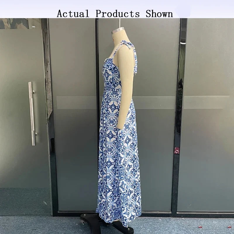 Porcelain Print Slim Strap Sleeveless Tie up Backless Split Dresses - MERGE.DAY.1.FREESTYLE