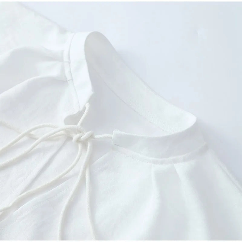 Women's Solid Cotton Linen Ruffle Shorts Suit V-neck Long Sleeve Drawstring Loose 2 Pieces Set - MERGE.DAY.1.FREESTYLE