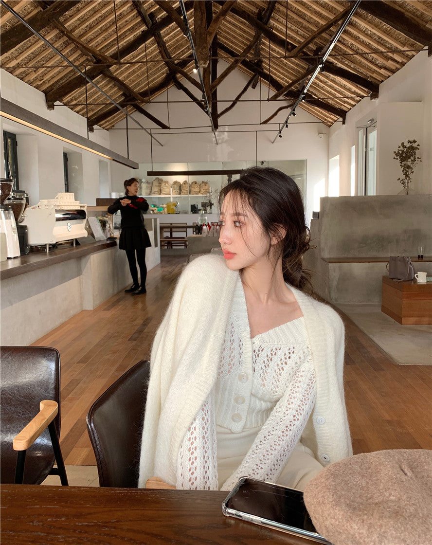 Women Hollow Sweater Cardigan Outerwear V Neck Button Knitted Tops Jackets - MERGE.DAY.1.FREESTYLE