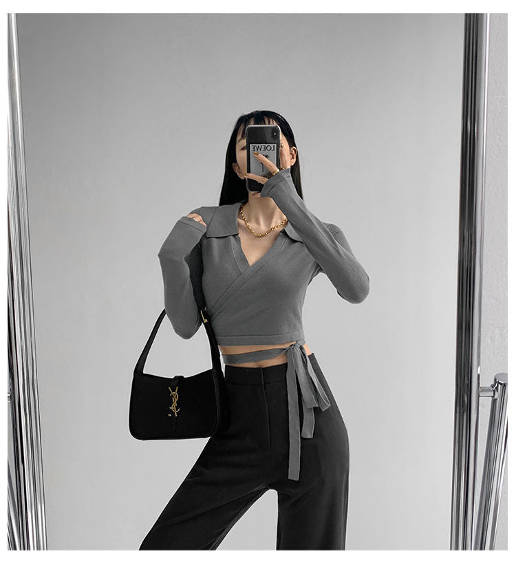 Waist Cross Bandage Polo Shirt Women Y2K Tops Fashion Fitness V-neck T-shirts Woman - MERGE.DAY.1.FREESTYLE