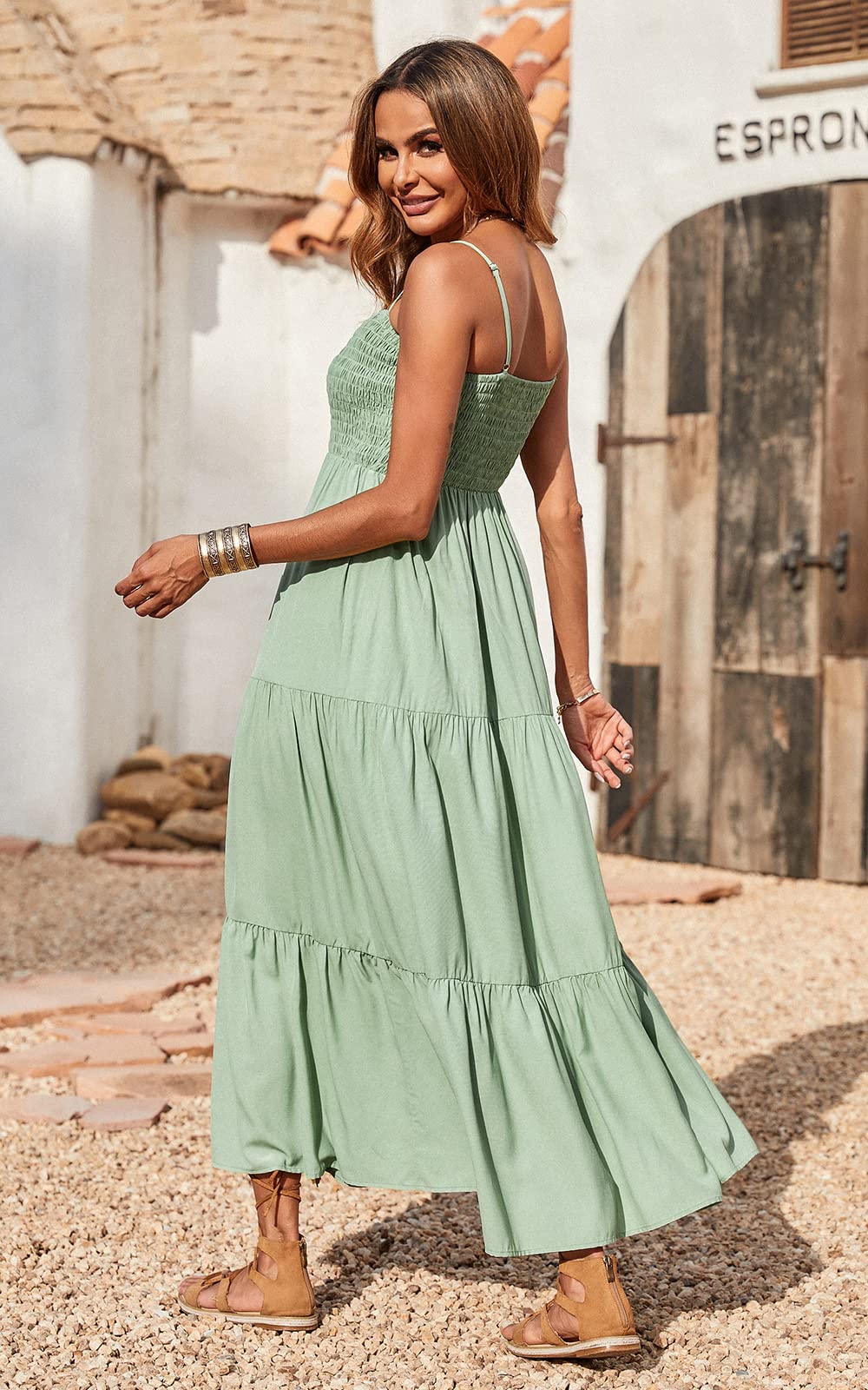 Spaghetti Strap Maxi Dress Women Summer Sleeveless Smocked Boho Long Beach Dress Sundresses - MERGE.DAY.1.FREESTYLE