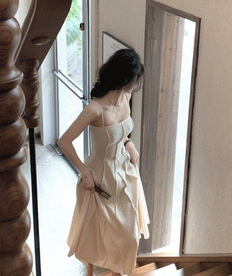 Vintage Spaghetti Strap A-line Dress Summer Slim Waist Sleeveless Mid-Length vestidos - MERGE.DAY.1.FREESTYLE