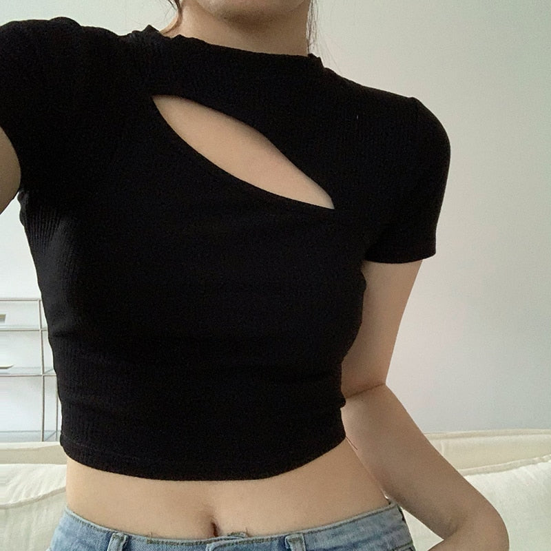 T Shirt Women Summer Hollow Crewneck Cropped Tops Irregular Tight Fitting Short Sleeve - MERGE.DAY.1.FREESTYLE
