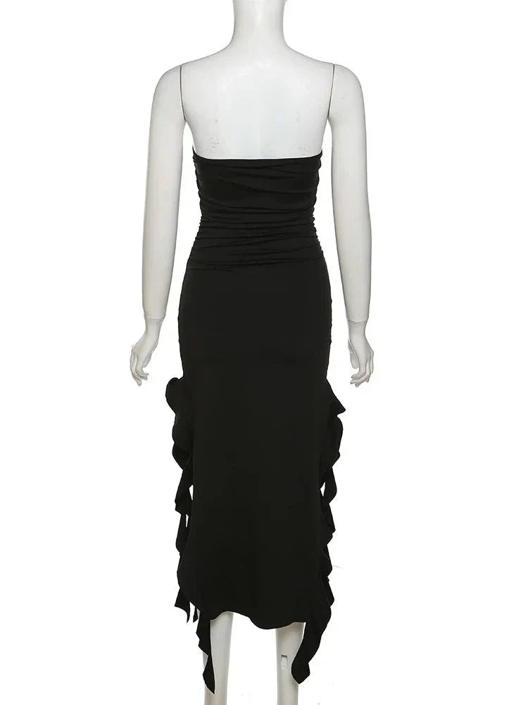 Elegant Strapless Dress Women Irregular Tassel Skinny Split Maxi Bodycon - MERGE.DAY.1.FREESTYLE