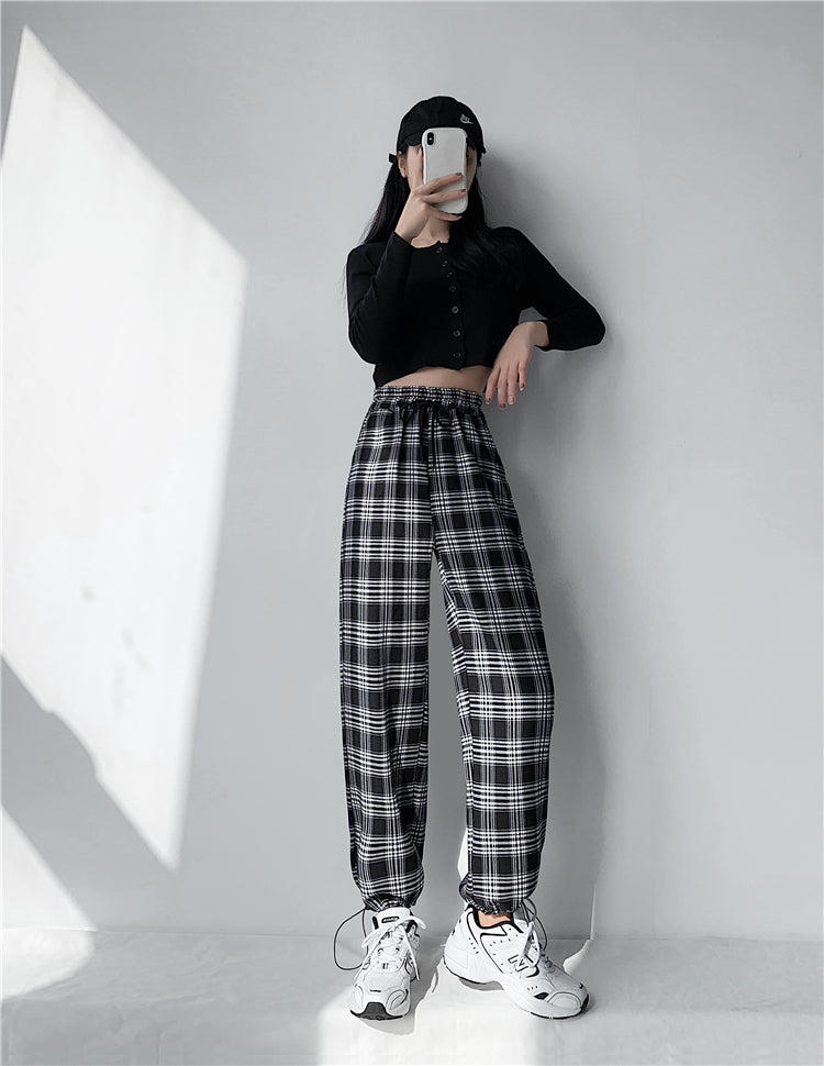 Plaid Pants Women High Waist Drawstring Loose Straight Baggy Pants 2022 Spring and Summer - MERGE.DAY.1.FREESTYLE
