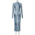 Mesh O Neck Long Flare Sleeve Print Slit Vintage Sexy Bodycon Maxi Dress - MERGE.DAY.1.FREESTYLE