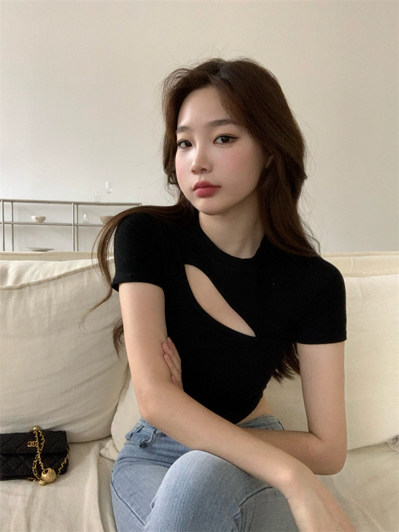 T Shirt Women Summer Hollow Crewneck Cropped Tops Irregular Tight Fitting Short Sleeve - MERGE.DAY.1.FREESTYLE