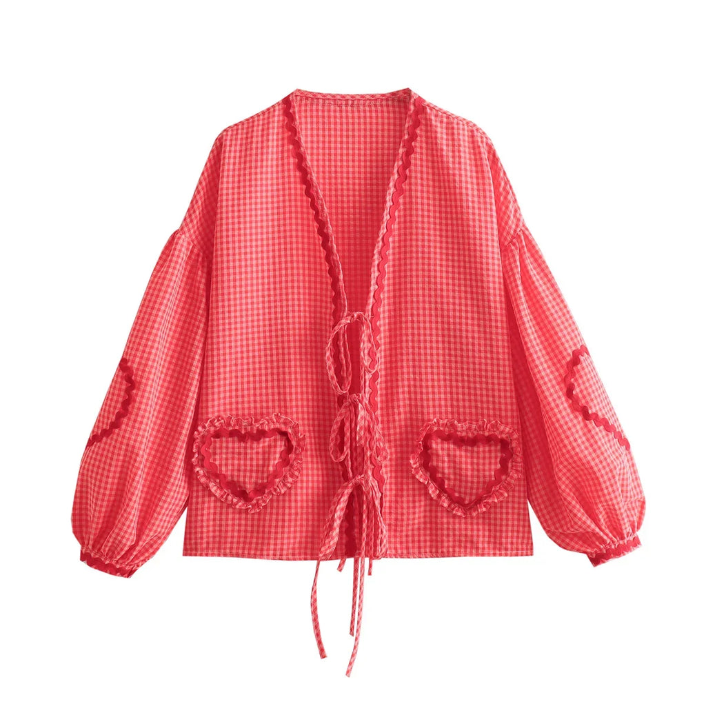 Heart Pockets Ladies V Neck Bow Buttons Blouses - MERGE.DAY.1.FREESTYLE