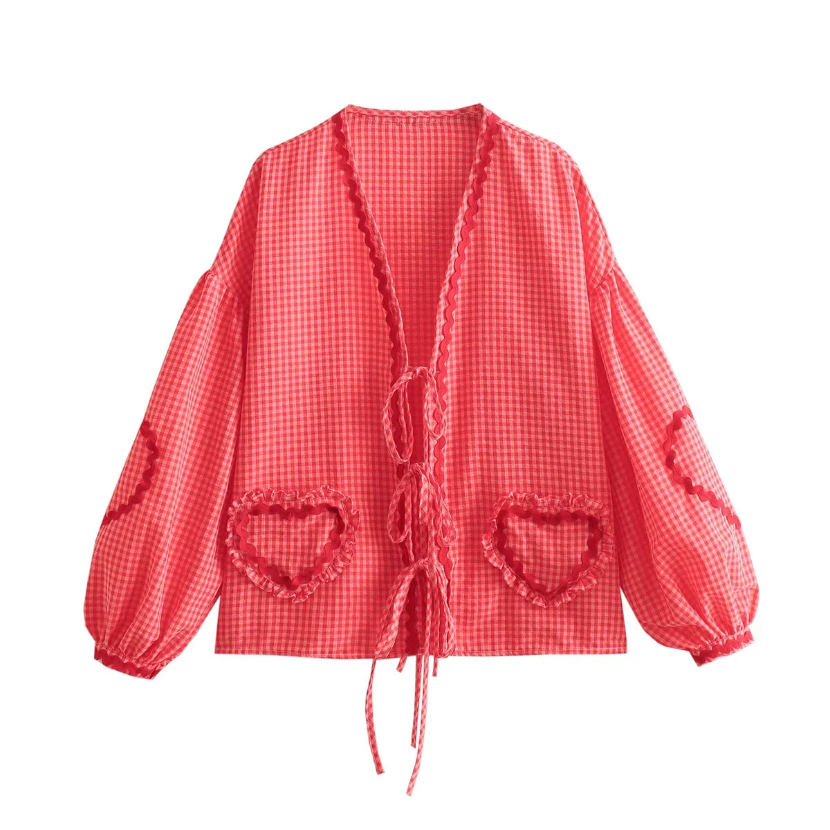 Heart Pockets Ladies V Neck Bow Buttons Blouses - MERGE.DAY.1.FREESTYLE