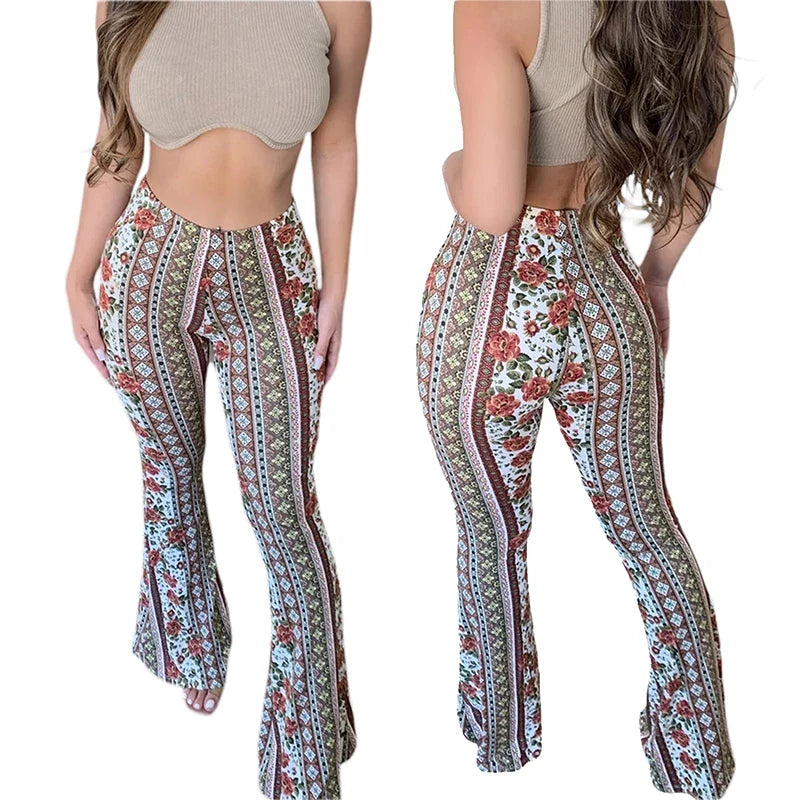 Frauen Boho Flare Pants Ethnic Tribal Print Bell Bottom Yoga Palazzo Hose - MERGE.DAY.1.FREESTYLE
