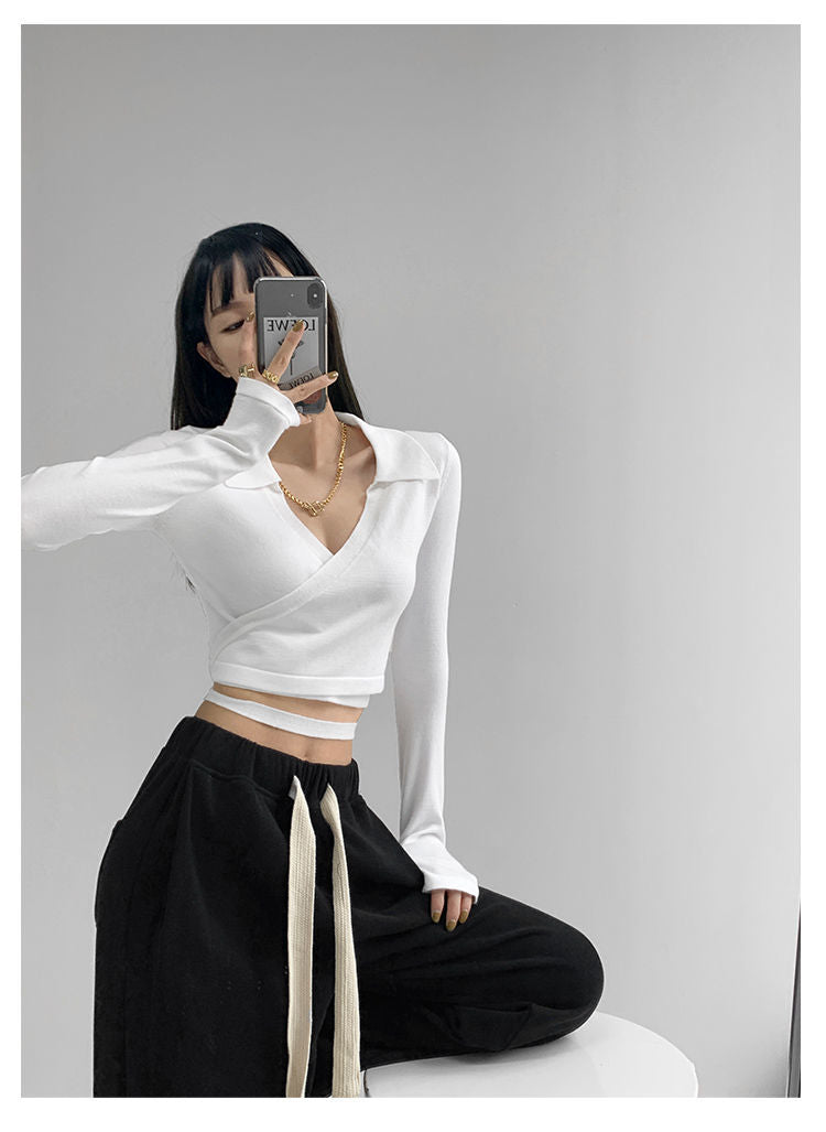Waist Cross Bandage Polo Shirt Women Y2K Tops Fashion Fitness V-neck T-shirts Woman - MERGE.DAY.1.FREESTYLE