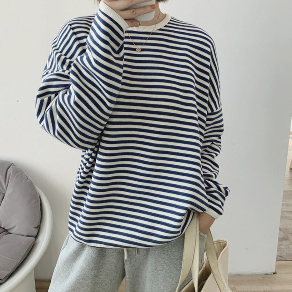 Striped Pullovers Women Knitted Cotton Sweatshirts Female Long-sleeved Loose Tops - MERGE.DAY.1.FREESTYLE