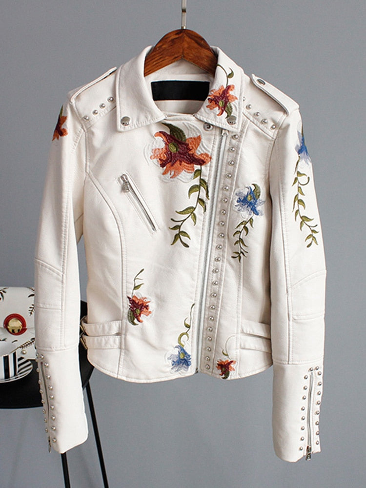 Floral Print Embroidery Faux Soft Leather Jacket Women Pu Motorcycle Coat - MERGE.DAY.1.FREESTYLE
