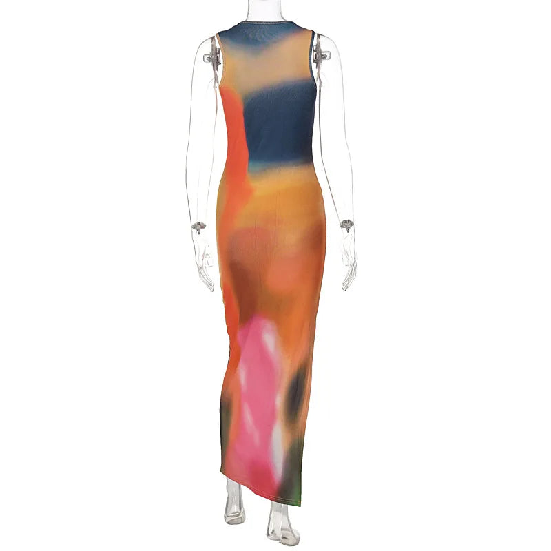 Tie Dye Print Ribbed Midi Dress Bodycon Side Slit Y2K - MERGE.DAY.1.FREESTYLE